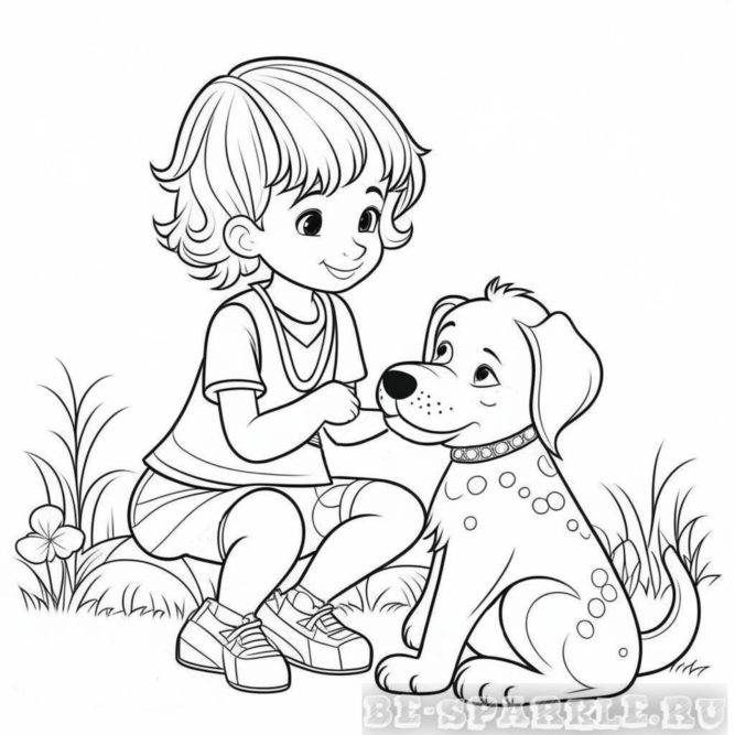 мальчик сидит на корточках возле собаки раскраска