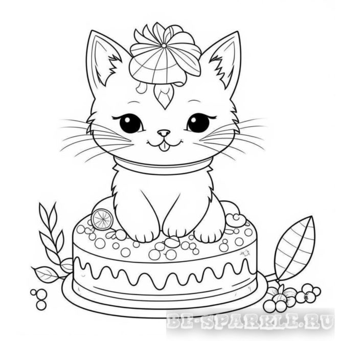 раскраска котенок сидит на торте