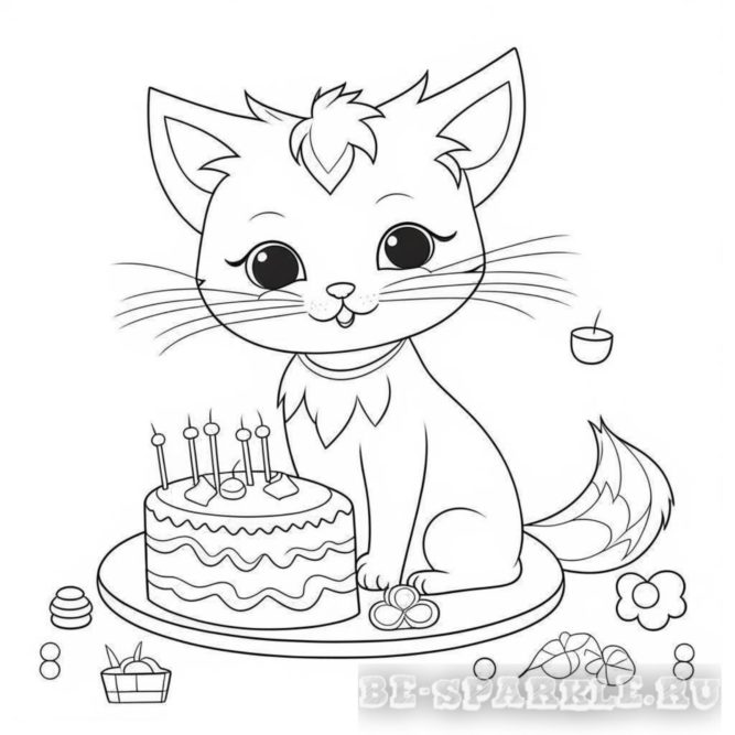 раскраска кошечка с тортиком на день рождения