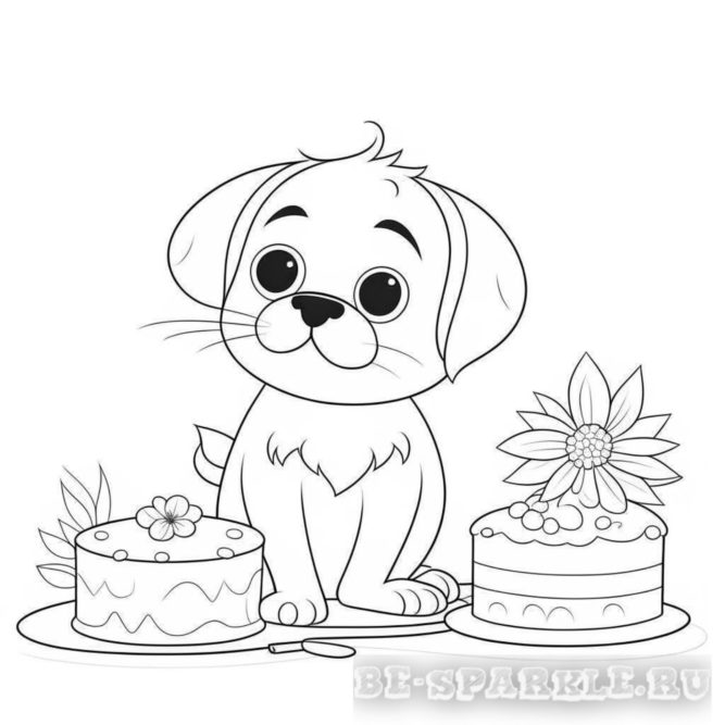 раскраска щенок с двумя тортами