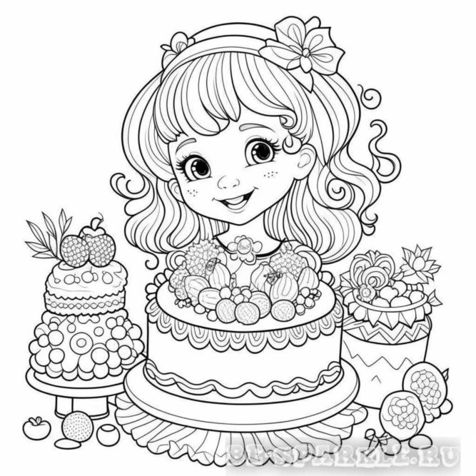 девочка с тортами раскраска для девочки 7 лет