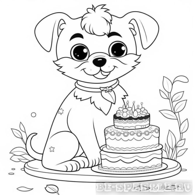раскраска собака сидит у торта