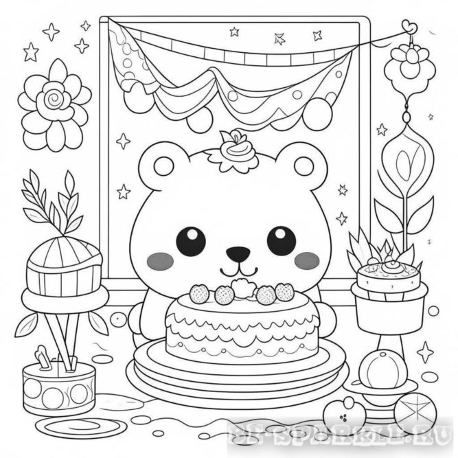 раскраска медвежонок с тортом