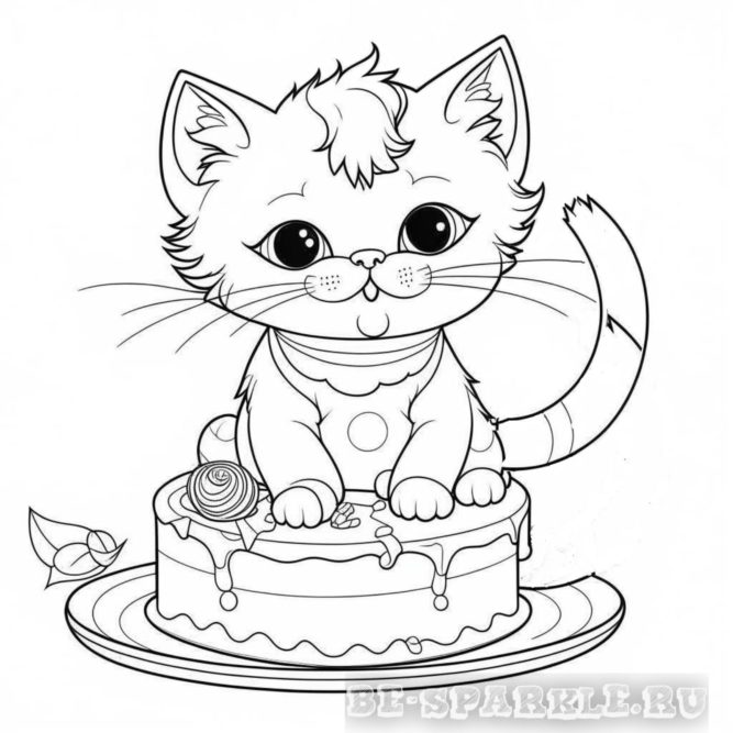 раскраска котенок взобрался на торт