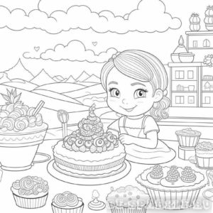 Раскраска девочка с тортом и пирожными