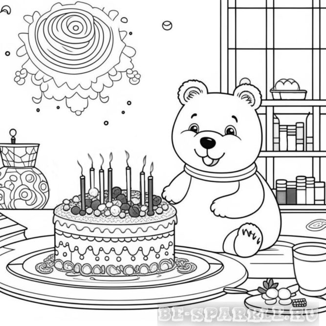 раскраска день рождения у медвежонка