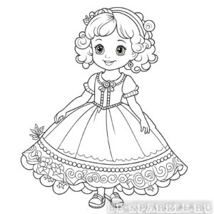 раскраска девочка с кудряшками в пышном платье