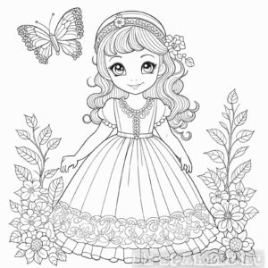 девочка в пышном платье и бабочка раскраска