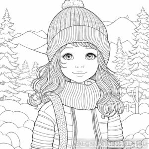 раскраска девочка в шапке и шарфе в горах