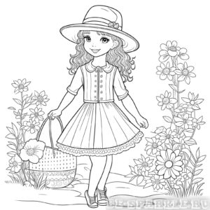 раскраска девочка в шляпке и платье