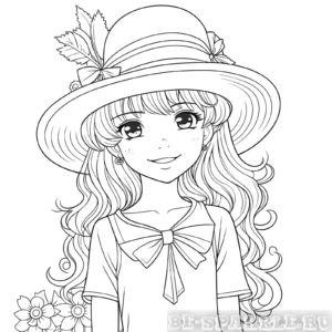 раскраска девочка в стиле аниме в шляпке с листиками