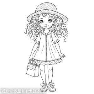 раскраска девочка в шляпе платье и с сумкой
