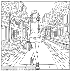 раскраска девочка в шортах с сумочкой на улице