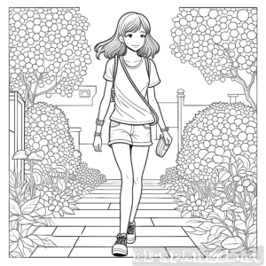 девочка идет по улице с кустами и деревьями раскраска