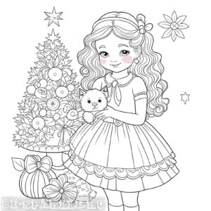 девочка с котиком возле новогодней елки раскраска