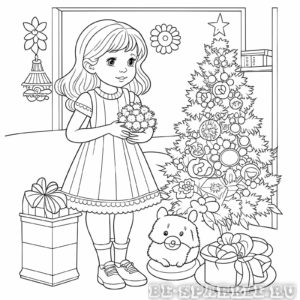 раскраска девочка дома возле новогодней елки