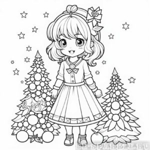 раскраска девочка стоит между двумя елками новогодними