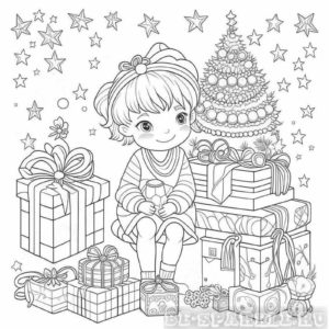 раскраска девочка сидит возле новогодней елки с подарками