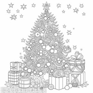 картинка для раскрашивания новогодняя елка с подарками