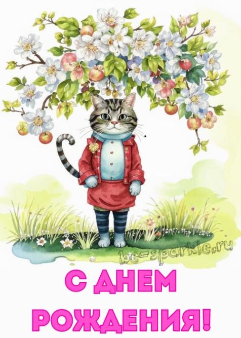 открытка с днем рождения котик возле цветущей яблони