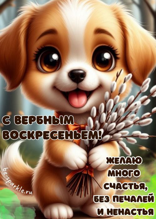 с вербным воскресеньем желаю много счастья без печали и ненастья картинка со щенком