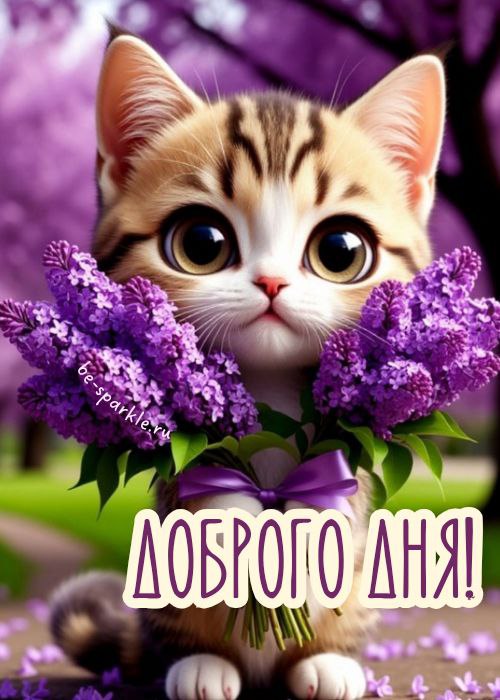 доброго дня весенняя картинка кошка с сиренью