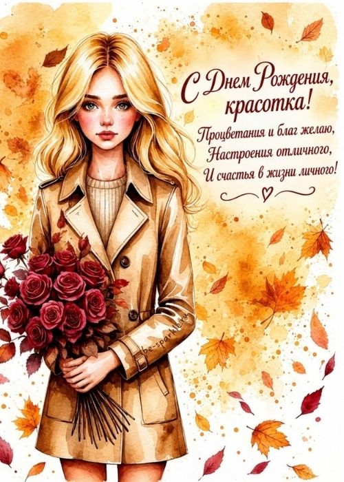 с днем рождения красотка процветания и благ желаю настроения отличного и счастья в жизни личного осенняя картинка